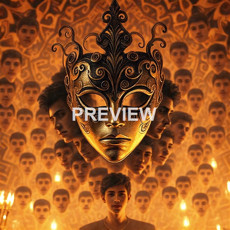 A person standing in front of a wall covered with multiple faces, holding a large ornate gold and black mask with swirling patterns and surrounded by warm, dim lighting.